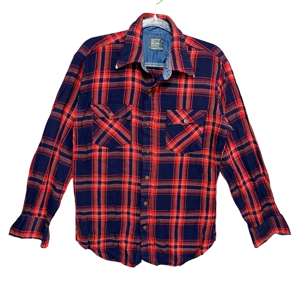 Vintage JCPenney The Mens Shop Plaid Flannel Shirt Red Blue Acrylic Large